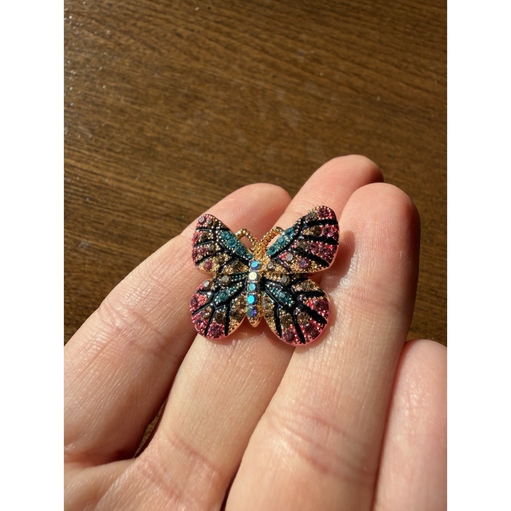 Dainty 1" Multicolor Rhinestone Butterfly Brooch Pin – Gold-Tone & Enamel